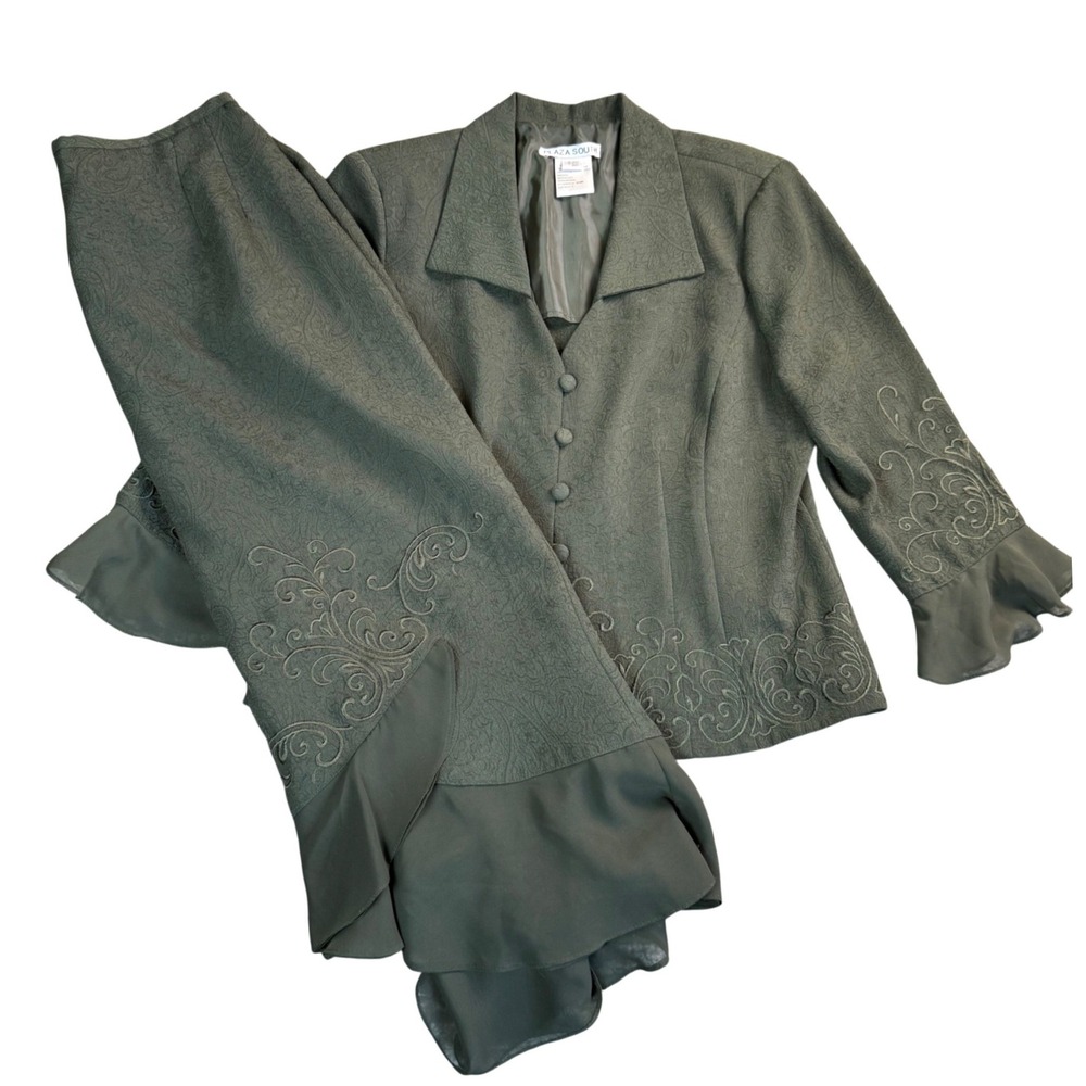 Plaza South 2000s Embroidered Blazer Skirt Suit Set Green Size 12 Holiday Church